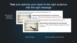 24 
Test and optimize your reach to the right audience 
with the right message 
Test your intro 
message or 
call to action 
Test your image Test your headline and teaser text 
 