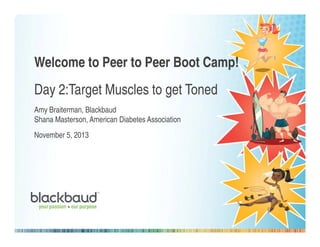 Welcome to Peer to Peer Boot Camp!
Day 2:Target Muscles to get Toned
Amy Braiterman, Blackbaud
Shana Masterson, American Diabetes AssociationShana Masterson, American Diabetes Association
November 5, 2013
 