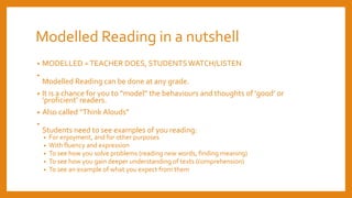 Modelled Reading in a nutshell
• MODELLED =TEACHER DOES, STUDENTS WATCH/LISTEN
•
Modelled Reading can be done at any grade.
• It is a chance for you to “model” the behaviours and thoughts of ‘good’ or
‘proficient’ readers.
• Also called “Think Alouds”
•
Students need to see examples of you reading:
• For enjoyment, and for other purposes
• With fluency and expression
• To see how you solve problems (reading new words, finding meaning)
• To see how you gain deeper understanding of texts (comprehension)
• To see an example of what you expect from them
 