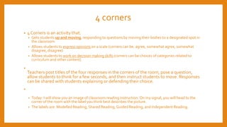 4 corners
• 4 Corners is an activity that:
• Gets students up and moving, responding to questions by moving their bodies to a designated spot in
the classroom
• Allows students to express opinions on a scale (corners can be: agree, somewhat agree, somewhat
disagree, disagree)
• Allows students to work on decision making skills (corners can be choices of categories related to
curriculum and other content)
•
Teachers post titles of the four responses in the corners of the room, pose a question,
allow students to think for a few seconds, and then instruct students to move. Responses
can be shared with students explaining or defending their choice.
•
• Today: I will show you an image of classroom reading instruction. On my signal, you will head to the
corner of the room with the label you think best describes the picture.
• The labels are: Modelled Reading, Shared Reading, Guided Reading, and Independent Reading.
 