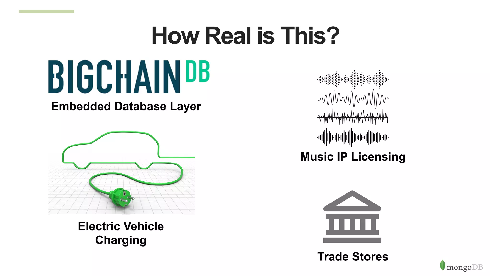 How Real is This?
Electric Vehicle
Charging
Music IP Licensing
Trade Stores
Embedded Database Layer
 