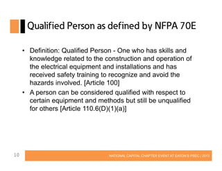 Qualified Person as defined by NFPA 70E
• Definition: Qualified Person - One who has skills and
knowledge related to the construction and operation of
the electrical equipment and installations and has
received safety training to recognize and avoid the
hazards involved. [Article 100]
• A person can be considered qualified with respect to
certain equipment and methods but still be unqualified
for others [Article 110.6(D)(1)(a)]

10

NATIONAL CAPITAL CHAPTER EVENT AT EATON’S PSEC | 2013

 