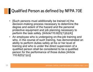Qualified Person as defined by NFPA 70E
• [Such persons must additionally be trained in] the
decision-making process necessary to determine the
degree and extent of the hazard and the personal
protective equipment and job planning necessary to
perform the task safely. [Article110.6(D)(1)(b)(4)]
• An employee who is undergoing on-the-job training and
who, in the course of such training, has demonstrated an
ability to perform duties safely at his or her level of
training and who is under the direct supervision of a
qualified person shall be considered to be a qualified
person for the performance of those duties [Article
110.6(D)(1)(c)]
11

NATIONAL CAPITAL CHAPTER EVENT AT EATON’S PSEC | 2013

 