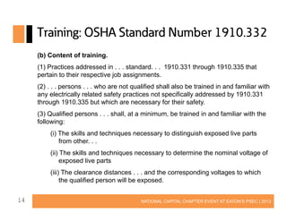 Training: OSHA Standard Number 1910.332
(b) Content of training.
(1) Practices addressed in . . . standard. . . 1910.331 through 1910.335 that
pertain to their respective job assignments.
(2) . . . persons . . . who are not qualified shall also be trained in and familiar with
any electrically related safety practices not specifically addressed by 1910.331
through 1910.335 but which are necessary for their safety.
(3) Qualified persons . . . shall, at a minimum, be trained in and familiar with the
following:
(i) The skills and techniques necessary to distinguish exposed live parts
from other. . .
(ii) The skills and techniques necessary to determine the nominal voltage of
exposed live parts
(iii) The clearance distances . . . and the corresponding voltages to which
the qualified person will be exposed.
14

NATIONAL CAPITAL CHAPTER EVENT AT EATON’S PSEC | 2013

 