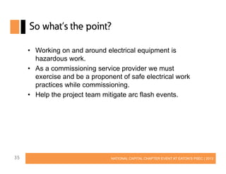 So what’s the point?
• Working on and around electrical equipment is
hazardous work.
• As a commissioning service provider we must
exercise and be a proponent of safe electrical work
practices while commissioning.
• Help the project team mitigate arc flash events.

35

NATIONAL CAPITAL CHAPTER EVENT AT EATON’S PSEC | 2013

 
