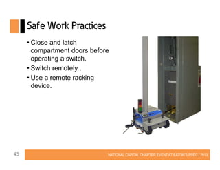 Safe Work Practices
• Close and latch
compartment doors before
operating a switch.
• Switch remotely .
• Use a remote racking
device.

45

NATIONAL CAPITAL CHAPTER EVENT AT EATON’S PSEC | 2013

 