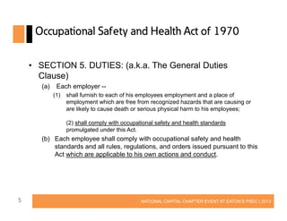Occupational Safety and Health Act of 1970
• SECTION 5. DUTIES: (a.k.a. The General Duties
Clause)
(a)

Each employer -(1)

shall furnish to each of his employees employment and a place of
employment which are free from recognized hazards that are causing or
are likely to cause death or serious physical harm to his employees;
(2) shall comply with occupational safety and health standards
promulgated under this Act.

(b) Each employee shall comply with occupational safety and health
standards and all rules, regulations, and orders issued pursuant to this
Act which are applicable to his own actions and conduct.

5

NATIONAL CAPITAL CHAPTER EVENT AT EATON’S PSEC | 2013

 