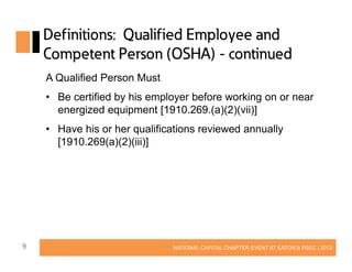 Definitions: Qualified Employee and
Competent Person (OSHA) - continued
A Qualified Person Must
• Be certified by his employer before working on or near
energized equipment [1910.269.(a)(2)(vii)]
• Have his or her qualifications reviewed annually
[1910.269(a)(2)(iii)]

9

NATIONAL CAPITAL CHAPTER EVENT AT EATON’S PSEC | 2013

 