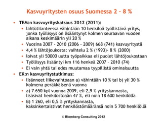Kasvuyritysten osuus Suomessa 2 - 8 %
• TEM:n kasvuyrityskatsaus 2012 (2011):
   • lähtötilanteessa vähintään 10 henkilöä työllistävä yritys,
     jonka työllisyys on lisääntynyt kolmen seuraavan vuoden
     aikana keskimäärin yli 20 %
   • Vuosina 2007 - 2010 (2006 - 2009) 668 (741) kasvuyritystä
   • 4,4 % lähtöjoukosta: vaihtelu 2 % (1993)- 8 % (2000)
   • loivat yli 50000 uutta työpaikkaa eli puolet lähtöjoukostaan
   • Työllisyys lisääntyi km 116 henkeä 2007 – 2010 (74)
   • Ei vain yhtä tai edes muutamaa tyypillistä ominaisuutta
• EK:n kasvuyritystutkimus:
   • lisänneet liikevaihtoaan a) vähintään 10 % tai b) yli 30 %
     kolmena peräkkäisenä vuonna
   • a) 7 650 kpl vuonna 2009, eli 2,9 % yrityskannasta,
     lisäsivät henkilöstöään 47 %, eli noin 18 600 henkilöllä
   • B) 1 260, eli 0,5 % yrityskannasta,
     kaksinkertaistivat henkilöstömääränsä noin 5 700 henkilöllä

                       © Blomberg Consulting 2012
 