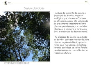 WWW.BAMBUCARBONOZERO.COM.BR
BCZ
Sustentabilidade
Atráves do formento do plantio e
produção do Bambu, madeira
ecológica que absorve o Carbono
da atmosfera, possui alta velocidade
de crescimento e resistência de tra-
ção comparada ao aço, a madeira
ideal para o consumo e construção
civil e a redução do desmatamento.
O processo de plantio e produção
do bambu, pode ser implatando para
diversas regiões do Brasil, gerando
renda para moradores e indústrias ,
levando qualidade de vida e fortale-
cendo a economia com o Bambu, a
madeira do futuro.
 