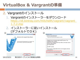 VirtualBox & Vargrantの準備
2013/9/21 第25回オープンＣＡＥ勉強会@関西 10
2. Vargrantのインストール
1. Vargrantのインストーラ―をダウンロード
https://dl.bintray.com/mitchellh/vagrant/vagrant_
1.7.2.msi
2. インストーラ―に従いインストール
(デフォルトでＯＫ)① ②
 
