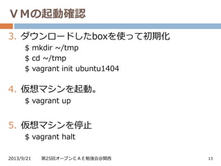 ＶＭの起動確認
2013/9/21 第25回オープンＣＡＥ勉強会@関西 13
3. ダウンロードしたboxを使って初期化
$ mkdir ~/tmp
$ cd ~/tmp
$ vagrant init ubuntu1404
4. 仮想マシンを起動。
$ vagrant up
5. 仮想マシンを停止
$ vagrant halt
 