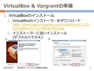 VirtualBox & Vargrantの準備
2013/9/21 第25回オープンＣＡＥ勉強会@関西 7
1. VirtualBoxのインストール
1. VirtualBoxのインストーラ―をダウンロード
http://download.virtualbox.org/virtualbox/4.3.22/
VirtualBox-4.3.22-98236-Win.exe
2. インストーラ―に従いインストール
(デフォルトでＯＫ)① ②
 