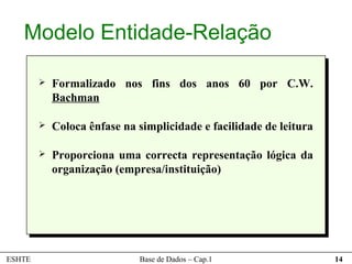 Modelo Entidade-Relação

           Formalizado nos fins dos anos 60 por C.W.
            Bachman

           Coloca ênfase na simplicidade e facilidade de leitura

           Proporciona uma correcta representação lógica da
            organização (empresa/instituição)




ESHTE                        Base de Dados – Cap.1                  14
 