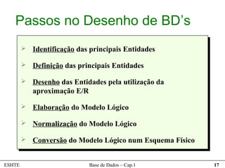 Passos no Desenho de BD’s
           Identificação das principais Entidades

           Definição das principais Entidades

           Desenho das Entidades pela utilização da
            aproximação E/R

           Elaboração do Modelo Lógico

           Normalização do Modelo Lógico

           Conversão do Modelo Lógico num Esquema Físico


ESHTE                        Base de Dados – Cap.1          17
 