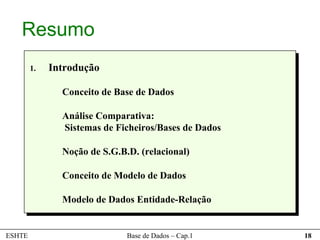 Resumo
        1.   Introdução

               Conceito de Base de Dados

               Análise Comparativa:
               Sistemas de Ficheiros/Bases de Dados

               Noção de S.G.B.D. (relacional)

               Conceito de Modelo de Dados

               Modelo de Dados Entidade-Relação


ESHTE                         Base de Dados – Cap.1   18
 