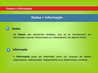 Dados e Informação


                   Dados = Informação


    Dados

    Os Dados são elementos isolados, que só se transformam em
    informação quando relacionados ou interpretados de alguma forma.



    Informação

    A Informação pode ser entendida como um conjunto de dados,
    organizados, relacionados, interpretados num determinado contexto.
 