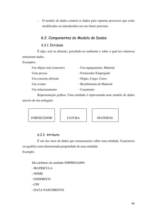 46
- O modelo de dados conterá os dados para suportar processos que serão
modificados ou introduzidos em um futuro próximo.
6.2. Componentes do Modelo de Dados
6.2.1. Entidade
É algo, real ou abstrato, percebido no ambiente e sobre o qual nos interessa
armazenar dados.
Exemplos:
Um objeto real (concreto) - Um equipamento, Material
Uma pessoa - Fornecedor Empregado
Um conceito abstrato - Órgão, Cargo, Curso
Um evento - Recebimento de Material
Um relacionamento - Casamento
Representação gráfica: Uma entidade é representada num modelo de dados
através de um retângulo.
6.2.2. Atributo
É um dos itens de dados que armazenamos sobre uma entidade. Caracteriza
ou qualifica uma determinada propriedade de uma entidade.
Exemplo:
São atributos da entidade EMPREGADO:
- MATRICULA
- NOME
- ENDERECO
- CPF
- DATA NASCIMENTO
MATERIALFATURAFORNECEDOR
 