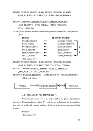 59
PEDIDO (NUMERO_PEDIDO + DATA_PEDIDO + NUMERO_CLIENTE +
NOME_CLIENTE + ENDERENCO_CLIENTE + TOTAL_PEDIDO)
PRODUTO_PEDIDO(NUMERO_PEDIDO + NUMERO_PRODUTO +
NOME_PRODUTO + QTDE_PEDIDA + PRECO_PRODUTO +
TOTAL_PRODUTO)
- Remoção dos atributos não funcionalmente dependentes de toda uma chave primária
(2FN):
PEDIDO PRODUTO_PEDIDO
NUMERO_PEDIDO NUMERO_PEDIDO
DATA_PEDIDO NUMERO_PRODUTO
NUMERO_CLIENTE NOME_PRODUTO
NOME_CLIENTE QTDE_PEDIDA
ENDERENCO_CLIENTE PRECO_PRODUTO
TOTAL_PEDIDO TOTAL_PRODUTO
- Entidade na 2FN:
PEDIDO (NUMERO_PEDIDO + DATA_PEDIDO + NUMERO_CLIENTE +
NOME_CLIENTE + ENDERECO_CLIENTE + TOTAL_PEDIDO)
PRODUTO_PEDIDO (NUMERO_PEDIDO + NUMERO_PRODUTO +
QTDE_PEDIDA + TOTAL_PRODUTO)
PRODUTO (NUMERO_PRODUTO + NOME_PRODUTO + PRECO_PRODUTO)
- Modelo de Dados:
7.8. Terceira Forma Normal (3FN)
Uma entidade está na 3FN se ela está na 2FN e não possui dependências
transitivas. Uma entidade que está na 2FN pode ter um atributo que não é uma chave
mas que por si identifica outros atributos. Refere-se a isto como uma dependência
transitiva.
Exemplo:
- Entidade na 2FN:
PRODUTOPEDIDO PRODUTO_PEDIDO
 