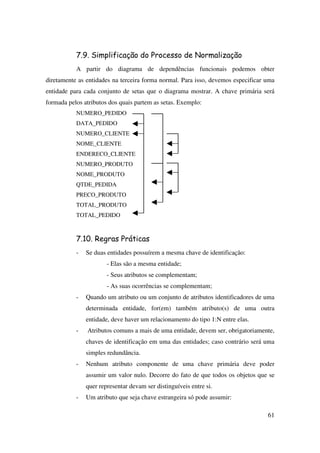 61
7.9. Simplificação do Processo de Normalização
A partir do diagrama de dependências funcionais podemos obter
diretamente as entidades na terceira forma normal. Para isso, devemos especificar uma
entidade para cada conjunto de setas que o diagrama mostrar. A chave primária será
formada pelos atributos dos quais partem as setas. Exemplo:
NUMERO_PEDIDO
DATA_PEDIDO
NUMERO_CLIENTE
NOME_CLIENTE
ENDERECO_CLIENTE
NUMERO_PRODUTO
NOME_PRODUTO
QTDE_PEDIDA
PRECO_PRODUTO
TOTAL_PRODUTO
TOTAL_PEDIDO
7.10. Regras Práticas
- Se duas entidades possuírem a mesma chave de identificação:
- Elas são a mesma entidade;
- Seus atributos se complementam;
- As suas ocorrências se complementam;
- Quando um atributo ou um conjunto de atributos identificadores de uma
determinada entidade, for(em) também atributo(s) de uma outra
entidade, deve haver um relacionamento do tipo 1:N entre elas.
- Atributos comuns a mais de uma entidade, devem ser, obrigatoriamente,
chaves de identificação em uma das entidades; caso contrário será uma
simples redundância.
- Nenhum atributo componente de uma chave primária deve poder
assumir um valor nulo. Decorre do fato de que todos os objetos que se
quer representar devam ser distinguíveis entre si.
- Um atributo que seja chave estrangeira só pode assumir:
 