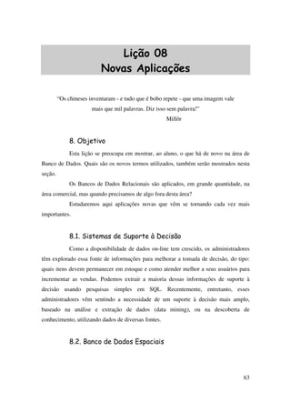 63
Lição 08
Novas Aplicações
“Os chineses inventaram - e tudo que é bobo repete - que uma imagem vale
mais que mil palavras. Diz isso sem palavra!”
Millôr
8. Objetivo
Esta lição se preocupa em mostrar, ao aluno, o que há de novo na área de
Banco de Dados. Quais são os novos termos utilizados, também serão mostrados nesta
seção.
Os Bancos de Dados Relacionais são aplicados, em grande quantidade, na
área comercial, mas quando precisamos de algo fora desta área?
Estudaremos aqui aplicações novas que vêm se tornando cada vez mais
importantes.
8.1. Sistemas de Suporte à Decisão
Como a disponibilidade de dados on-line tem crescido, os administradores
têm explorado essa fonte de informações para melhorar a tomada de decisão, do tipo:
quais itens devem permanecer em estoque e como atender melhor a seus usuários para
incrementar as vendas. Podemos extrair a maioria dessas informações de suporte à
decisão usando pesquisas simples em SQL. Recentemente, entretanto, esses
administradores vêm sentindo a necessidade de um suporte à decisão mais amplo,
baseado na análise e extração de dados (data mining), ou na descoberta de
conhecimento, utilizando dados de diversas fontes.
8.2. Banco de Dados Espaciais
 