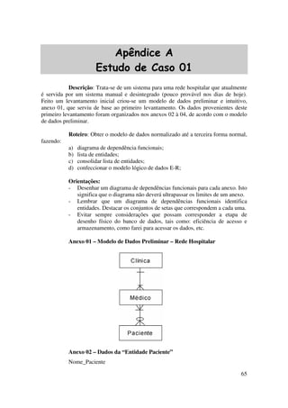 65
Apêndice A
Estudo de Caso 01
Descrição: Trata-se de um sistema para uma rede hospitalar que atualmente
é servida por um sistema manual e desintegrado (pouco provável nos dias de hoje).
Feito um levantamento inicial criou-se um modelo de dados preliminar e intuitivo,
anexo 01, que serviu de base ao primeiro levantamento. Os dados provenientes deste
primeiro levantamento foram organizados nos anexos 02 à 04, de acordo com o modelo
de dados preliminar.
Roteiro: Obter o modelo de dados normalizado até a terceira forma normal,
fazendo:
a) diagrama de dependência funcionais;
b) lista de entidades;
c) consolidar lista de entidades;
d) confeccionar o modelo lógico de dados E-R;
Orientações:
- Desenhar um diagrama de dependências funcionais para cada anexo. Isto
significa que o diagrama não deverá ultrapassar os limites de um anexo.
- Lembrar que um diagrama de dependências funcionais identifica
entidades. Destacar os conjuntos de setas que correspondem a cada uma.
- Evitar sempre considerações que possam corresponder a etapa de
desenho físico do banco de dados, tais como: eficiência de acesso e
armazenamento, como farei para acessar os dados, etc.
Anexo 01 – Modelo de Dados Preliminar – Rede Hospitalar
Anexo 02 – Dados da “Entidade Paciente”
Nome_Paciente
 