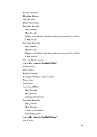 66
Endereco_Paciente
Identidade_Paciente
Sexo_Paciente
Data_Nasc_Paciente
Consultas_Marcadas
Data_Consulta
Hora_Consulta
Endereço_Atendimento (local de atendimento ou consultório médico)
CRM_Médico
Consultas_Realizadas
Data_Consulta
Hora_Consulta
Endereço_Atendimento (local de atendimento ou consultório médico)
CRM_Médico
Obs.: não há junta médica.
Anexo 03 – Dados da “Entidade Médico”
Nome_Médico
CRM_Médico
Endereço_Médico
Cod_Espec (Código de especialização)
Nome_Espec
Cod_Clinica
Agenda_do_Médico
Data_Consulta
Hora_Consulta
Endereco_Atendimento
Consultas_Realizadas
Data_Consulta
Hora_Consulta
Endereco_Atendimento
Identidade_Paciente
Anexo 04 – Dados da “Entidade Clínica”
Cod_Clínica
 