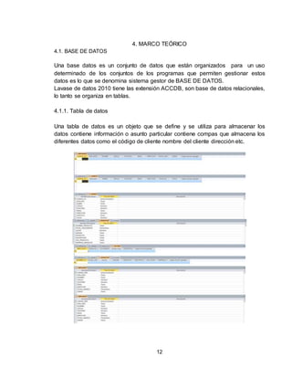 12
4. MARCO TEÓRICO
4.1. BASE DE DATOS
Una base datos es un conjunto de datos que están organizados para un uso
determinado de los conjuntos de los programas que permiten gestionar estos
datos es lo que se denomina sistema gestor de BASE DE DATOS.
Lavase de datos 2010 tiene las extensión ACCDB, son base de datos relacionales,
lo tanto se organiza en tablas.
4.1.1. Tabla de datos
Una tabla de datos es un objeto que se define y se utiliza para almacenar los
datos contiene información o asunto particular contiene compas que almacena los
diferentes datos como el código de cliente nombre del cliente dirección etc.
 