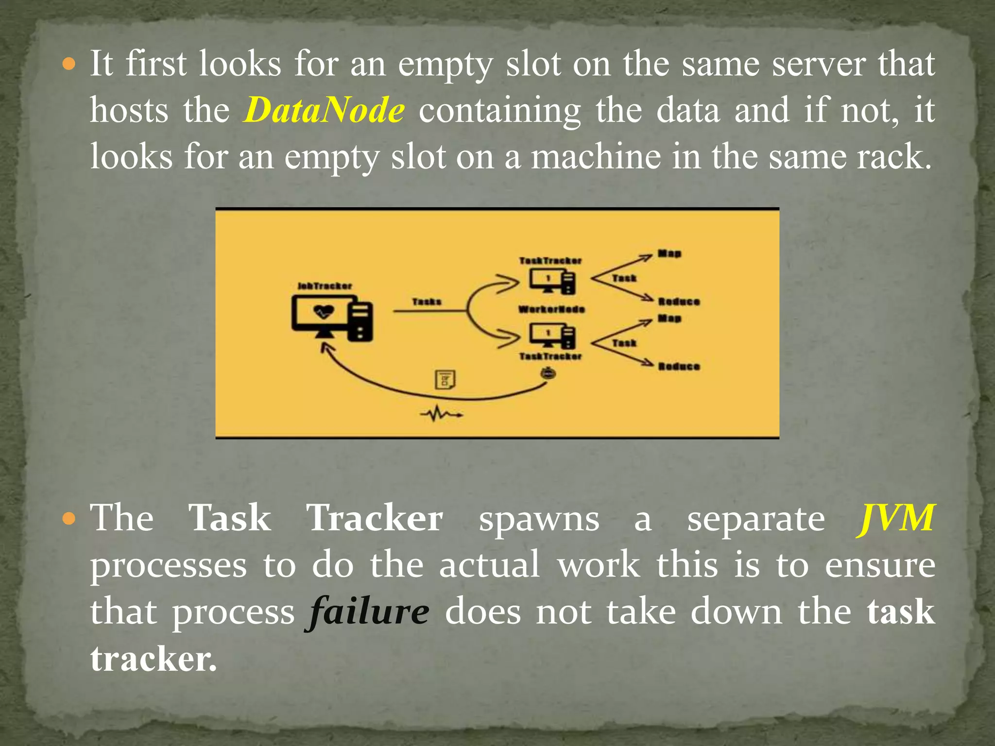  It first looks for an empty slot on the same server that
hosts the DataNode containing the data and if not, it
looks for an empty slot on a machine in the same rack.
 The Task Tracker spawns a separate JVM
processes to do the actual work this is to ensure
that process failure does not take down the task
tracker.
 