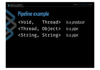 w w w . c r a s h u b . o r g
<Void, Thread> is a producer
<Thread, Object> is a pipe
<String, String> is a pipe
Pipeline example
 
