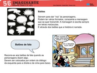 Balões
Servem para dar “voz” às personagens.
Podem ter vários formatos, consoante a mensagem
que se quer transmitir. A mensagem é escrita sempre
em letras maiúsculas.
É através dos balões que a história é narrada.
Recorre-se aos balões de fala quando as
personagens dizem algo.
Devem ser colocados por ordem do diálogo:
da esquerda para a direita e de cima para baixo.
Balões de fala
 