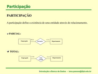 Participação
PARTICIPAÇÃO
A participação define a existência de uma entidade através do relacionamento.
PARCIAL:
TOTAL:
(0,1)
Empregado DepartamentoGerencia
(1,1)
Empregado DepartamentoEstá
Lotado
(1,n) (1,1)
Introdução a Banco de Dados - iana.passos@ifpb.edu.br
 
