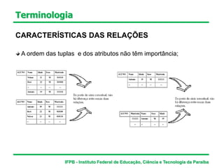 Terminologia
CARACTERÍSTICAS DAS RELAÇÕES
A ordem das tuplas e dos atributos não têm importância;
IFPB - Instituto Federal de Educação, Ciência e Tecnologia da Paraíba
 