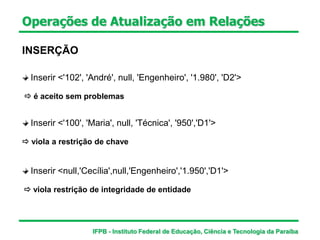 Operações de Atualização em Relações
INSERÇÃO
Inserir <'102', 'André', null, 'Engenheiro', '1.980', 'D2'>
Inserir <null,'Cecília',null,'Engenheiro','1.950','D1'>
Inserir <'100', 'Maria', null, 'Técnica', '950','D1'>
 é aceito sem problemas
 viola a restrição de chave
 viola restrição de integridade de entidade
IFPB - Instituto Federal de Educação, Ciência e Tecnologia da Paraíba
 