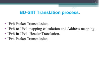 4/13/2011 BD-SIIT Translation process . IPv6 Packet Transmission. IPv6-to-IPv4 mapping calculation and Address mapping. IPv6-in-IPv4  Header Translation. IPv4 Packet Transmission. 