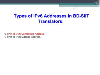 4/13/2011 Types of IPv6 Addresses in BD-SIIT Translators . IPv4 to IPv6 Compatible Address. IPv4 to IPv6 Mapped Address. 