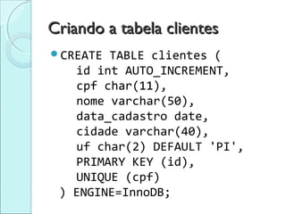 Criando a tabela clientes
CREATE TABLE clientes (
   id int AUTO_INCREMENT,
   cpf char(11),
   nome varchar(50),
   data_cadastro date,
   cidade varchar(40),
   uf char(2) DEFAULT 'PI',
   PRIMARY KEY (id),
   UNIQUE (cpf)
 ) ENGINE=InnoDB;
 