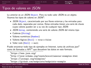 Introducción Panorama actual Cambio de escala NoSQL MongoDB Getting started
Tipos de valores en JSON
Lo anterior es un JS...