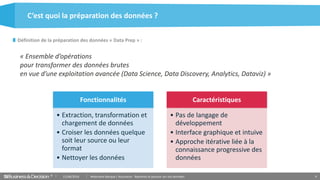 © 9
Définition de la préparation des données « Data Prep » :
« Ensemble d’opérations
pour transformer des données brutes
en vue d’une exploitation avancée (Data Science, Data Discovery, Analytics, Dataviz) »
C’est quoi la préparation des données ?
21/06/2016 Webinaire Banque / Assurance : Reprenez le pouvoir sur vos données
Fonctionnalités
• Extraction, transformation et
chargement de données
• Croiser les données quelque
soit leur source ou leur
format
• Nettoyer les données
Caractéristiques
• Pas de langage de
développement
• Interface graphique et intuive
• Approche itérative liée à la
connaissance progressive des
données
 