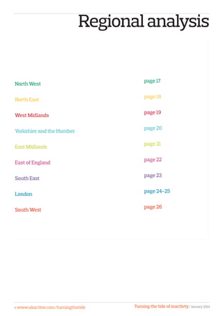 Regionalanalysis
North West
North East
West Midlands
Yorkshire and the Humber
East Midlands
East of England
South East
London
South West
page 17
page 18
page 19
page 20
page 21
page 22
page 23
page 24-25
page 26
Turning the tide of inactivty| January 201416 www.ukactive.com/turningthetide
 