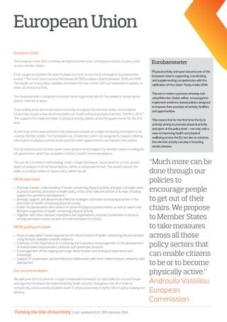 Turning the tide of inactivity | Last updated 16:15, 30th January 2014
European Union
The European Union (EU) is actively aiming to promote sport and physical activity at policy level
across member states.
It has sought to establish the level of physical activity across the EU through its Eurobarometer
survey.31
The most recent survey interviewed 26,788 European citizens between 2009 and 2010.
The results are now publicly available and show that over a third ( 34%) of respondents seldom, or
never, do physical activity.
The Eurobarometer is designed to provide some supporting data for the evidence-based sports
policies referred to above.
To accurately track and record physical activity throughout EU member states, the European
Council also issued a new recommendation on ‘health enhancing physical activity’ (HEPA) in 2013.32
This supports the implementation of physical activity policies across EU governments for the first
time.
At the heart of this new initiative is the proposed creation of a single monitoring framework to be
used by member states. The framework has 23 indicators which are designed to support collating
information on physical activity levels and from which governments can improve their policies.
It is not statutory but has been given cross-governmental support by member states including the
UK government, which has accepted in full the Council’s recommendations.
The use of a consistent methodology, under a single framework, would allow for a much greater
depth of analysis of all the Home Nations, within a comparable format. This would improve the
ability to produce evidence-based policy within the UK.
HEPA objectives
»» Promote a better understanding of health-enhancing physical activity and give a stronger voice
to physical activity promotion in health policy and in other relevant sectors in Europe, including
support for workforce development
»» Develop, support, and disseminate effective strategies and multi-sectoral approaches in the
promotion of health-enhancing physical activity
»» Foster the preservation and creation of social and physical environments as well as values and
lifestyles supportive of health-enhancing physical activity
»» Together with other relevant institutions and organisations, improve coordination in physical
activity promotion across sectors and administrative structures.
HEPA guiding principles
»» Focus on population-based approaches for the promotion of health-enhancing physical activity
using the best available scientific evidence
»» Emphasis on the importance of monitoring and evaluation; encouragement of the development
of standardized measurement methods and systematic research
»» Encouragement of the ongoing exchange, dissemination and sharing of experience and
knowledge
»» Support of cooperation, partnerships and collaboration with other related sectors, networks, and
approaches.
Our recommendation
We welcome the EU’s drive for a single comparable framework for data collection across Europe
and urge the framework be implemented by health services throughout the UK in order to
consistently and accurately establish levels of physical inactivity to better inform policy making and
delivery.
Eurobarometer
Physicalactivityandsportbecameoneofthe
EuropeanUnion’ssupporting,coordinating
andsupplementingcompetencieswiththe
ratificationoftheLisbonTreatyinlate2009.
Thissetinmotionaprocesswherebyindi-
vidualMemberStateswillbe encouragedto
implementevidence-basedpoliciesdesigned
toimprovetheirprovisionofactivityfacilities
andopportunities.
ThismeansthatforthefirsttimetheEUis
activelyaimingtopromotephysicalactivity
andsportatthepolicylevel–notonlywitha
viewtoimprovinghealthandphysical
wellbeingacrosstheEU,butalsotoenhance
therolethatactivitycanplayinboosting
socialcohesion.
EuropeanUnion
“Much more can be
done through our
policies to
encourage people
to get out of their
chairs. We propose
to Member States
to take measures
across all those
policy sectors that
can enable citizens
to be or to become
physically active.”
Androulla Vassiliou
European
Commission
 