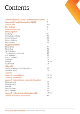 Turning the tide of inactivity | Last updated 16:15, 30th January 2014
Contents
Foreword by David Stalker, Chief Executive, ukactive 4
Comment by Lord Sebastian Coe CH KBE 5
Introduction 6-7
Key findings 8
Recommendations 9
National picture
Inactivity
Premature mortality
Cost and spend
Leisure facilities
Green spaces
11
12
13
14
15
Regional analysis
North West
North East
West Midlands
Yorkshire and the Humber
East Midlands
East of England
South East
London
South West
17
18
19
20
21
22
23
24-25
26
UK and EU
Scotland, Wales and Northern Ireland
European Union
28
29
Annexes
Annex A - methodology 31-33
Annex B - references 34-35
Annex C - tables of socio-economic depivation
Most deprived
More deprived
Average
Less deprived
Least deprived
36
37
38
39
40
Annex D - full national rankings data table 41-46
Support and further information 47
 