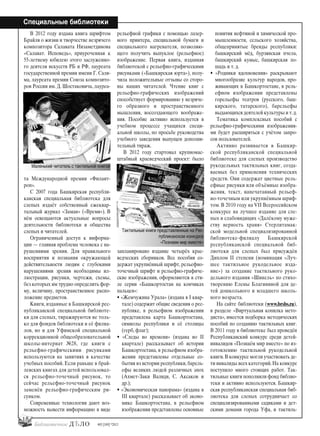 18
Специальные библиотеки
#03 [189] *2013
В 2012 году издана книга шрифтом
Брайля о жизни и творчестве незрячего
композитора Салавата Низаметдинова
«Салават. Исповедь», приуроченная к
55-летнему юбилею этого заслуженно-
го деятеля искусств РБ и РФ, лауреата
государственной премии имени Г. Саля-
ма, лауреата премии Союза композито-
ров России им. Д. Шостаковича, лауреа-
та Международной премии «Филант-
роп».
С 2007 года Башкирская республи-
канская специальная библиотека для
слепых издаёт собственный ежеквар-
тальный журнал «Заман» («Время»). В
нём освещаются актуальные вопросы
деятельности библиотеки и общества
слепых и читателей.
Ограниченный доступ к информа-
ции — главная проблема человека с на-
рушениями зрения. Для правильного
восприятия и познания окружающей
действительности людям с глубокими
нарушениями зрения необходимы ил-
люстрации, рисунки, чертежи, схемы,
без которых им трудно определить фор-
му, величину, пространственное распо-
ложение предметов.
Книги, изданные в Башкирской рес-
публиканской специальной библиоте-
ки для слепых, тиражируются не толь-
ко для фондов библиотеки и её филиа-
лов, но и для Уфимской специальной
коррекционной общеобразовательной
школы-интернат №28, где книги с
рельефно-графическими рисунками
используются на занятиях в качестве
учебных пособий. Если раньше в брай-
левских книгах для детей использовал-
ся рельефно-точечный рисунок, то
сейчас рельефно-точечный рисунок
заменён рельефно-графическим ри-
сунком.
Современные технологии дают воз-
можность вывести информацию в виде
рельефной графики с помощью лазер-
ного принтера, специальной бумаги и
специального нагревателя, позволяю-
щего получить выпуклое (рельефное)
изображение. Первая книга, изданная
библиотекой с рельефно-графическими
рисунками («Башкирская юрта»), полу-
чила положительные отзывы со сторо-
ны наших читателей. Чтение книг с
рельефно-графических изображений
способствует формированию у незряче-
го образного и пространственного
мышления, воссоздающего воображе-
ния. Пособие активно используется в
учебном процессе учащихся специ-
альной школы, по просьбе руководства
учебного заведения выпущен дополни-
тельный тираж.
В 2012 году стартовал крупномас-
штабный краеведческий проект: было
запланировано издание четырёх крае-
ведческих сборников. Все пособия со-
держат укрупнённый шрифт, рельефно-
точечный шрифт и рельефно-графиче-
ские изображения, оформляются в сти-
ле серии «Башкортостан на кончиках
пальцев»:
• «Жемчужина Урала» (издана в I квар-
тале) содержит общие сведения о рес-
публике, в рельефном изображении
представлена карта Башкортостана,
символы республики и её столицы
(герб, флаг);
• «Следы во времени» (издана во II
квартале) рассказывает об истории
Башкортостана, в рельефном изобра-
жении представлены отдельные со-
бытия из истории республики,барель-
ефы великих людей различных эпох
(Ахмет-Заки Валиди, С. Аксаков и
др.);
• «Экономическая панорама» (издана в
III квартале) рассказывает об эконо-
мике Башкортостана, в рельефном
изображении представлены основные
понятия нефтяной и химической про-
мышленности, сельского хозяйства,
общепринятые бренды республики:
башкирский мёд, бурзянская пчела,
башкирский кумыс, башкирская ло-
шадь и т. д.
• «Родники вдохновения» раскрывают
многообразие культур народов, про-
живающих в Башкортостане, в рель-
ефном изображении представлены
горельефы театров (русского, баш-
кирского, татарского), барельефы
выдающихся деятелей культуры и т.д.
Тематика комплексных пособий с
рельефно-графическими изображения-
ми будет расширяться с учётом запро-
сов пользователей.
Активно развивается в Башкир-
ской республиканской специальной
библиотеке для слепых производство
рукодельных тактильных книг, созда-
ваемых без применения технических
средств. Они содержат цветные рель-
ефные рисунки или объёмные изобра-
жения, текст, напечатанный рельеф-
но-точечным или укрупнённым шриф-
том. В 2010 году на VII Всероссийском
конкурсе на лучшее издание для сле-
пых и слабовидящих «Далёкому муже-
ству верность храня» Стерлитамак-
ской модельной специализированной
библиотеке-филиалу Башкирской
республиканской специальной биб-
лиотеки для слепых был присуждён
Диплом II степени (номинация «Луч-
шее тактильное рукодельное изда-
ние») за создание тактильного руко-
дельного издания «Шинель» по стихо-
творению Елены Благининой для де-
тей дошкольного и младшего школь-
ного возраста.
На сайте библиотеки (www.brsbs.ru),
в разделе «Виртуальная копилка мето-
диста», имеется подборка методических
пособий по созданию тактильных книг.
В 2011 году в библиотеке был проведён
Республиканский конкурс среди детей-
инвалидов «Познаём мир вместе» по из-
готовлению тактильной рукодельной
книги.В конкурсе могли участвовать де-
ти инвалиды всех категорий.На конкурс
поступило много стоящих работ. Так-
тильные книги пополнили фонд библио-
теки и активно используются. Башкир-
ская республиканская специальная биб-
лиотека для слепых сотрудничает со
специализированными садиками и дет-
скими домами города Уфа, и тактиль-
Маленький читатель с тактильной книгой
Тактильные книги представленные на Рес-
публиканском конкурсе
«Познаем мир вместе»
bd#189_bdN61.qxd 12.03.2013 20:01 Страница 18
 