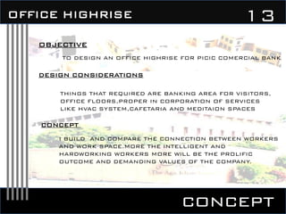concept
13OFFICE HIGHRISE
OBJECTIVE
TO DESIGN AN OFFICE HIGHRISE FOR PICIC COMERCIAL BANK
DESIGN CONSIDERATIONS
THINGS THAT REQUIRED ARE BANKING AREA FOR VISITORS,
OFFICE FLOORS,PROPER IN CORPORATION OF SERVICES
LIKE HVAC SYSTEM,CAFETARIA AND MEDITAION SPACES
CONCEPT
I BUILD AND COMPARE THE CONNECTION BETWEEN WORKERS
AND WORK SPACE.MORE THE INTELLIGENT AND
HARDWORKING WORKERS MORE WILL BE THE PROLIFIC
OUTCOME AND DEMANDING VALUES OF THE COMPANY.
 