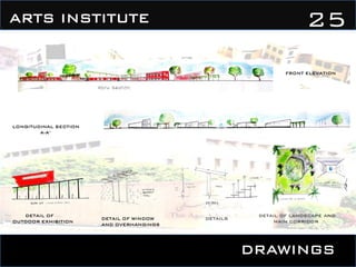 DRAWINGS
25ARTS INSTITUTE
LONGITUDINAL SECTION
A-A’
DETAIL OF
OUTDOOR EXHIBITION
FRONT ELEVATION
DETAIL OF WINDOW
AND OVERHANGINGS
DETAILS
DETAIL OF LANDSCAPE AND
MAIN CORRIDOR
 