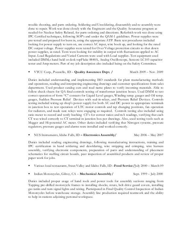 electronic assembler resume sample