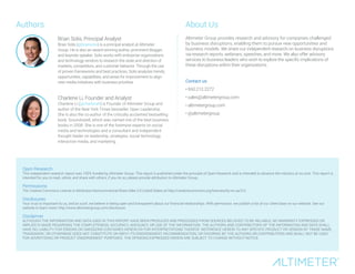 Brian Solis, Principal Analyst 
Brian Solis (@briansolis) is a principal analyst at Altimeter 
Group. He is also an award-winning author, prominent blogger, 
and keynote speaker. Solis works with enterprise organizations 
and technology vendors to research the state and direction of 
markets, competitors, and customer behavior. Through the use 
of proven frameworks and best practices, Solis analyzes trends, 
opportunities, capabilities, and areas for improvement to align 
new media initiatives with business priorities. 
Altimeter Group provides research and advisory for companies challenged 
by business disruptions, enabling them to pursue new opportunities and 
business models. We share our independent research on business disruptions 
via research reports, webinars, speeches, and more. We also offer advisory 
services to business leaders who wish to explore the specific implications of 
these disruptions within their organizations. 
Contact us: 
• 650.212.2272 
• sales@altimetergroup.com 
• altimetergroup.com 
• @altimetergroup 
Authors About Us 
Charlene Li, Founder and Analyst 
Charlene Li (@charleneli) is Founder of Altimeter Group and 
author of the New York Times bestseller, Open Leadership. 
She is also the co-author of the critically acclaimed bestselling 
book, Groundswell, which was named one of the best business 
books in 2008. She is one of the foremost experts on social 
media and technologies and a consultant and independent 
thought leader on leadership, strategies, social technology, 
interactive media, and marketing. 
Open Research 
This independent research report was 100% funded by Altimeter Group. This report is published under the principle of Open Research and is intended to advance the industry at no cost. This report is 
intended for you to read, utilize, and share with others; if you do so, please provide attribution to Altimeter Group. 
Permissions 
The Creative Commons License is Attribution-Noncommercial-Share Alike 3.0 United States at http://creativecommons.org/licenses/by-nc-sa/3.0. 
Disclosures 
Your trust is important to us, and as such, we believe in being open and transparent about our financial relationships. With permission, we publish a list of our client base on our website. See our 
website to learn more: http://www.altimetergroup.com/disclosure. 
Disclaimer 
ALTHOUGH THE INFORMATION AND DATA USED IN THIS REPORT HAVE BEEN PRODUCED AND PROCESSED FROM SOURCES BELIEVED TO BE RELIABLE, NO WARRANTY EXPRESSED OR 
IMPLIED IS MADE REGARDING THE COMPLETENESS, ACCURACY, ADEQUACY, OR USE OF THE INFORMATION. THE AUTHORS AND CONTRIBUTORS OF THE INFORMATION AND DATA SHALL 
HAVE NO LIABILITY FOR ERRORS OR OMISSIONS CONTAINED HEREIN OR FOR INTERPRETATIONS THEREOF. REFERENCE HEREIN TO ANY SPECIFIC PRODUCT OR VENDOR BY TRADE NAME, 
TRADEMARK, OR OTHERWISE DOES NOT CONSTITUTE OR IMPLY ITS ENDORSEMENT, RECOMMENDATION, OR FAVORING BY THE AUTHORS OR CONTRIBUTORS AND SHALL NOT BE USED 
FOR ADVERTISING OR PRODUCT ENDORSEMENT PURPOSES. THE OPINIONS EXPRESSED HEREIN ARE SUBJECT TO CHANGE WITHOUT NOTICE. 
