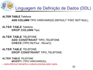 Linguagem de Definição de Dados (DDL)
ALTER TABLE Telefone
      ADD COLUMN TIPO VARCHAR2(5) DEFAULT ‘FIXO’ NOT NULL;

ALTER TABLE Telefone
     DROP COLUMN Tipo;

ALTER TABLE TELEFONE
     ADD CONSTRAINT TIPO_TELEFONE
     CHECK (TIPO IN(‘Fixo’, ‘Movel’));

ALTER TABLE TELEFONE
     DROP CONSTRAINT TIPO_TELEFONE;

ALTER TABLE TELEFONE
          MODIFY (TIPO VARCHAR2(5));
-- para diminuir tamanho a coluna precisa estar vazia.
                                                         22
 