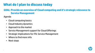 2
What do I plan to discuss today
GOAL: Provide an overview of Cloud computing and it’s strategic relevance to
Service Management
Agenda
• Cloud computing basics
• Cloud Industry dynamics
• Approach to the market
• Service Management support for Cloud Offerings
• Strategic Implications for ITIL Service Management
• Where to find more info
• Next steps
 