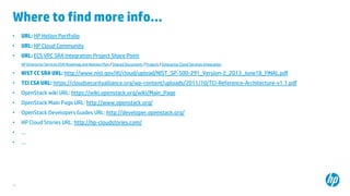 25
Where to find more info...
• URL: HP Helion Portfolio
• URL: HP Cloud Community
• URL: ECS VPC SRA Integration Project Share Point
HP Enterprise Services ESM Roadmap and Release Plan / Shared Documents / Projects / Enterprise Cloud Services Integration
• NIST CC SRA URL: http://www.nist.gov/itl/cloud/upload/NIST_SP-500-291_Version-2_2013_June18_FINAL.pdf
• TCI CSA URL: https://cloudsecurityalliance.org/wp-content/uploads/2011/10/TCI-Reference-Architecture-v1.1.pdf
• OpenStack wiki URL: https://wiki.openstack.org/wiki/Main_Page
• OpenStack Main Page URL: http://www.openstack.org/
• OpenStack Developers Guides URL: http://developer.openstack.org/
• HP Cloud Stories URL: http://hp-cloudstories.com/
• …
• …
 